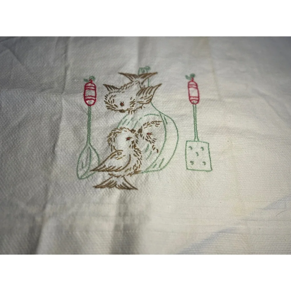 Vintage Hand Embroidered Tea Towel Birds Cuckoo Clock Cattails White Cotton